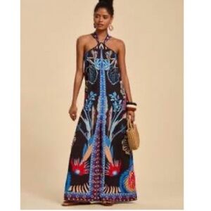 Elegant Black and Blue Halter Maxi Dress